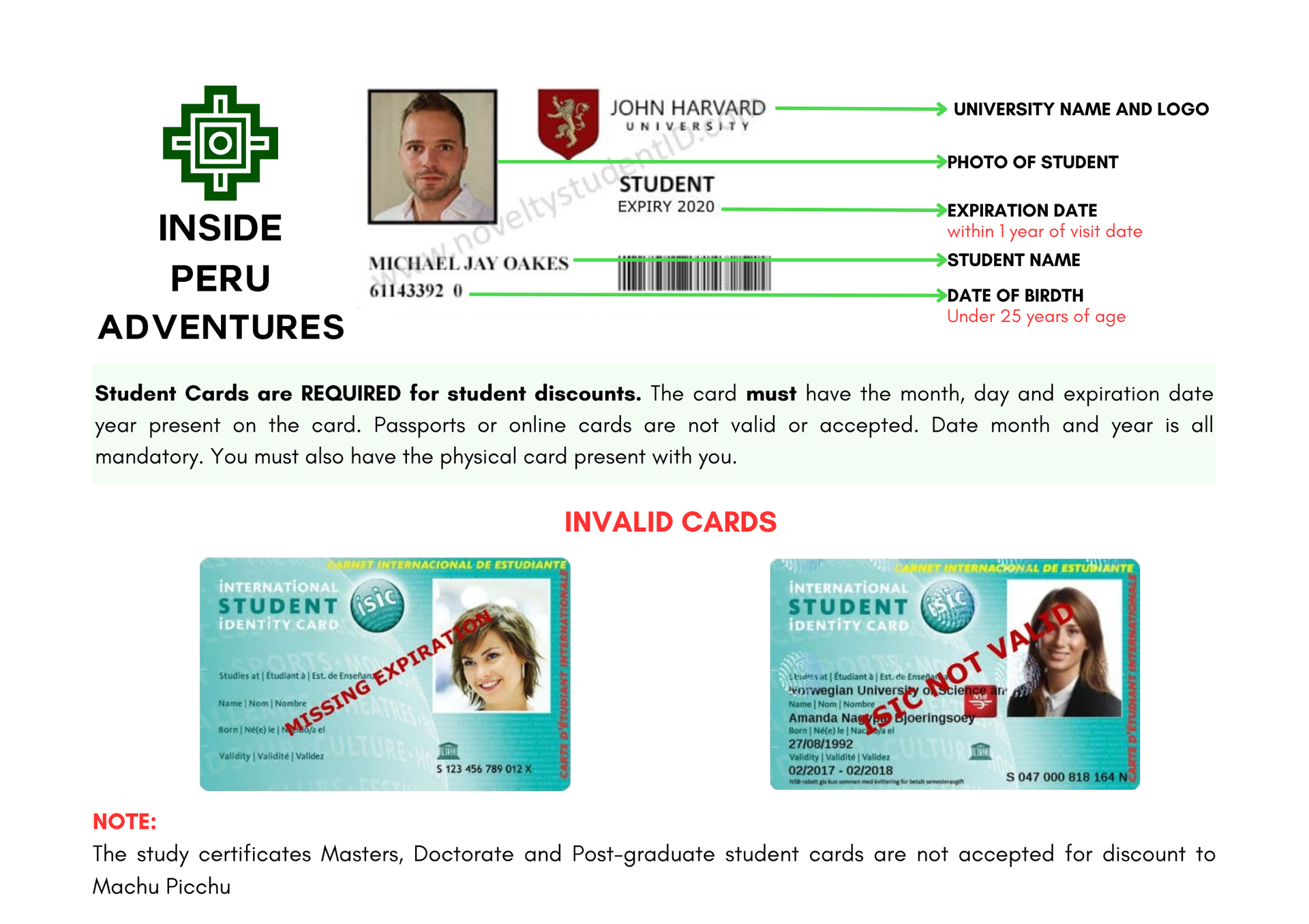 Valid and invalid student card requirements